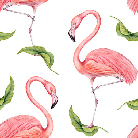 Flamingo bird with green lemon tree leaves tropical seamless pattern. Hand drawn watercolor isolated on white background. Exotic natural botanical illustration for surface designs, cards, wallpapersの写真素材