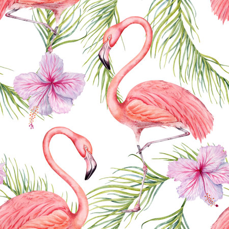 Flamingo bird with green palm leaves and hibiscus flowers seamless pattern. Hand drawn watercolor on white background. Tropical natural botanical illustration for surface designs, cards, wallpapersの写真素材