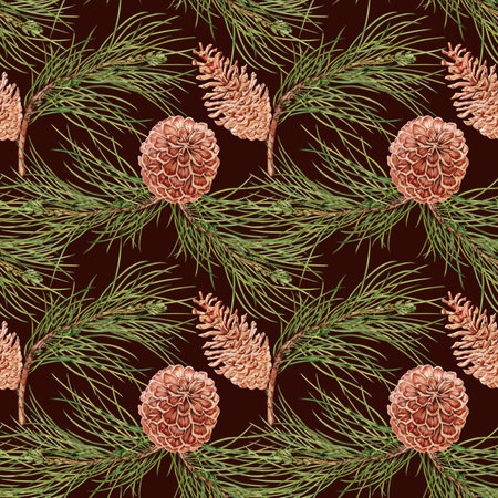 Seamless pattern with hand drawn pine cones on pine tree branches. Watercolor illustration isolated on dark background. Christmas repeatable background for textile, fabric, wallpaper, wrapping paperの写真素材