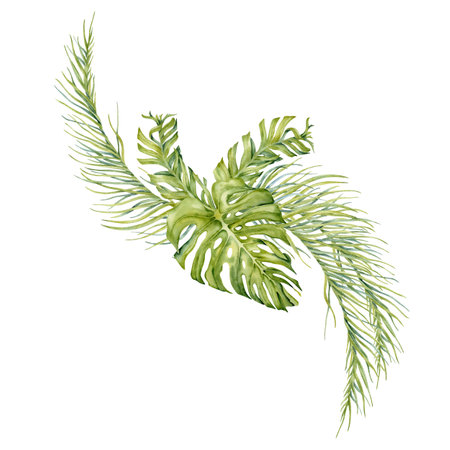 Banana and lemon tree tropical leaves composition with monstera and palm branches. Watercolor illustration isolated on white background. Exotic general vegetation design element for beach themed cardsの写真素材