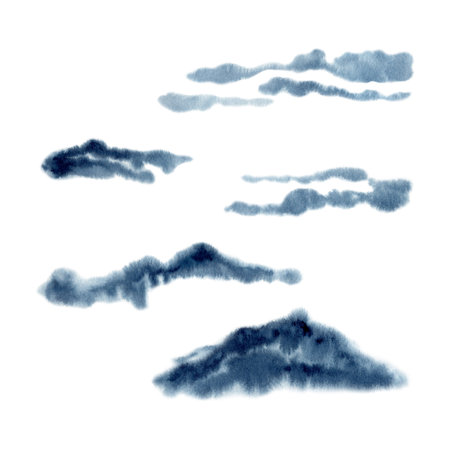 Abstract blue clouds and mountains set. Hand drawn watercolor illustration isolated on white...