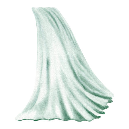Sheer curtain backdrop. Decorative fabric stage or window drapes. Hand drawn watercolor illustration isolated on white background. Vintage style interior room decor for photo studio and display designの写真素材
