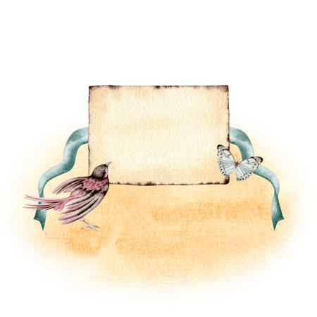 Copy space card design with a bird, ribbon and a butterfly. Elegant title. Banner with your text. Hand drawn watercolor illustration isolated on white background. For invitations, postcards and flyersの写真素材