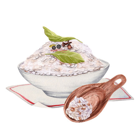 Bowl of cooked white rice with wooden serving spoon and food spices. Hand drawn watercolor illustration isolated from the background. For restaurant and take away menu and crop packaging label designsの写真素材