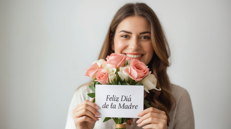 Feliz DÃ­a de la Madre: A Smiling Woman with Roses and a Mother's Day Cardの素材