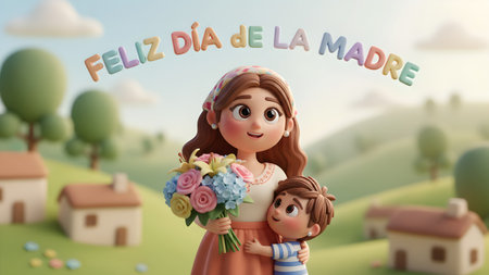 3D Illustration of Happy Mother and Child Celebrating Feliz DÃ­a de la Madreの素材