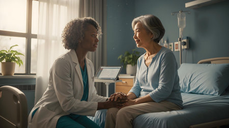 Cinematic Portrait of a Mature Black Woman Caring for a Patient â Compassion and Professionalismの素材