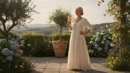 Cinematic Full Body Portrait of an Older Woman on Sunlit Terrace â Wellness and Eleganceの素材