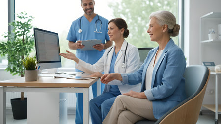 Full Body Portrait of a Mature Woman Consulting with Doctor and Nurse â Empowerment in Healthcareの素材