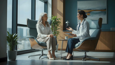 Cinematic Portrait of a Mature Woman Consulting a Doctor â Trust and Professionalism in Healthcareの素材