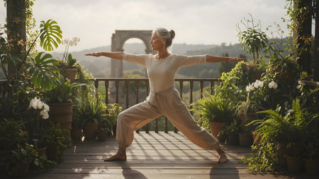 Graceful Older Woman Practicing Yoga in Garden â Morning Light and Peaceful Lifestyleの素材