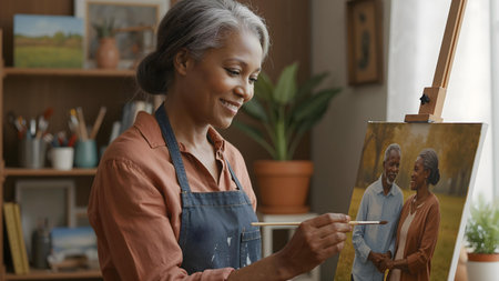 Artistic Portrait of an Older Black Woman Painting a Canvas â Creative Lifestyle and Joyの素材