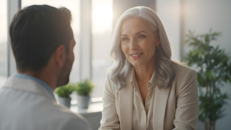 Cinematic Close-Up of a Mature Woman Consulting a Doctor â Professional and Serene Moodの素材