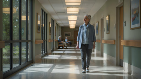 Cinematic Full Body Portrait of an Older Woman Walking in Hospital Hallway â Strength and Dignityの素材