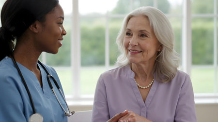 Smiling Older Woman Consulting Friendly Nurse â Natural Light Healthcare Portraitの素材