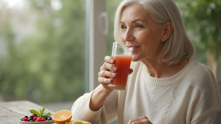 Joyful Older Woman Smiling While Drinking Fresh Juice â Healthy Lifestyle Close-Upの素材