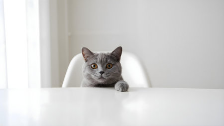 beautiful funny grey British cat peeking out from behind a white table with copy spaceの素材
