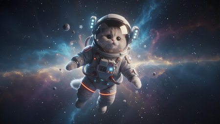 Cute space cat dressed in astronaut suit. Created with Generative AI technologyの素材