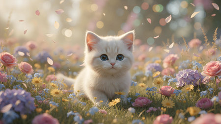 Cute Kitten in a Flower Field with Soft Lightingの素材