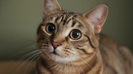 Skeptic surprised cat thinking & dont know what to do, big eyes closeup. Tabby cat look side dont know, funny face. Cute tabby cat looking scared, thinking. Wide eyed kitten dont know why, portraitの素材