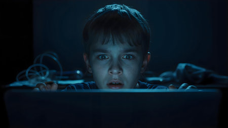 Shocked and surprised boy on the internet with laptop computerの素材