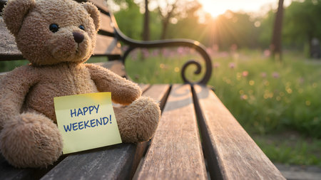 Happy Weekend on sticky note with teddy bear on nature backgroundの素材