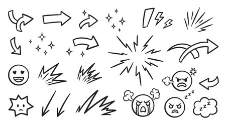 Black and white doodle line effects and cartoon emotion icons, arrows, sparkles, shock lines, and emphasis strokesの素材