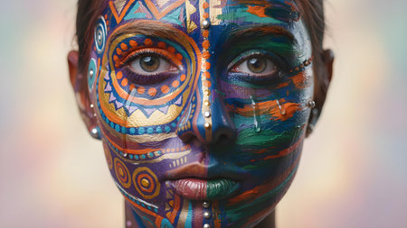 Close-Up Artistic Face with Tribal and Modern Paint Patternsの素材