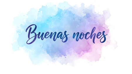 Buenas noches (Good night in Spanish) - handwritten modern calligraphy lettering on abstract watercolor painted splash background. Blue and purple coloredの素材