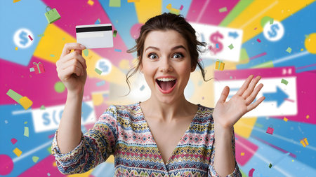 Cheerful young woman with amazed and excited expression holding a credit card in one hand, celebrating online shopping or good dealの素材