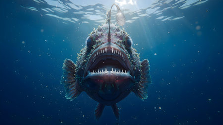 Close-up of a real fish facing the camera, mouth wide open and eyes bulging in surpriseの素材