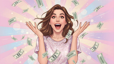 Amazed Young Woman Surprised as Money Falls Around Her on Pink Backgroundの素材