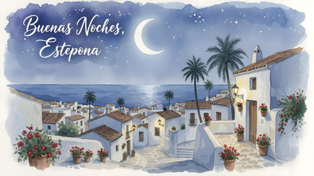 Cozy Andalusian Town of Estepona at Night. Watercolor Illustration with Moon and Starsの素材