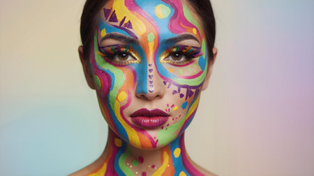 Creative Colorful Face Art Portrait of Woman with Bold Makeup in Studioの素材