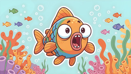 Cute cartoon fish with big round eyes and wide open mouth showing a shocked or amazed faceの素材