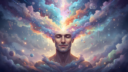 Dreamy surreal portrait of a man with his mind exploding into a rainbow cloud of colorsの素材