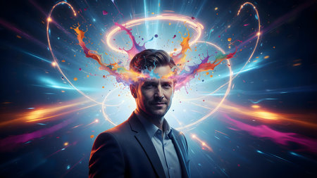 Dynamic vibrant portrait of a man with colorful explosion of light trails, paint splashes, and abstract motion effects bursting from his mindの素材