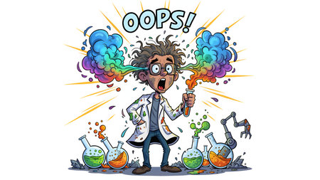 Funny young researcher in lab coat with messy hair after failed experiment, holding smoking test tube, colorful vapor around, shocked face, cartoonish and expressive science conceptの素材