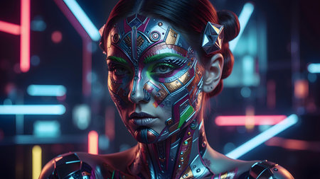 Futuristic Avant-Garde Face Art Fashion Portrait with Neon and Metallic Makeupの素材