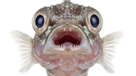 Macro photography of a small fish with mouth wide open and large eyesの素材