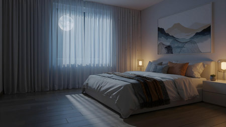 Cozy Modern Bedroom Interior at Night with Moonlight Beams and Warm Ambient Lightingの素材