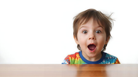 Surprised kid sitting at table, eyes wide open and mouth agape in amazement, front view, copy space for text on clean backgroundの素材