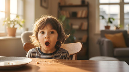 Surprised child sitting at dining table at home, eyes widened and mouth open in shock or amazement, cozy natural light from window, soft background blur with copy space, candid emotional portraitの素材