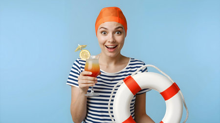 Surprised vacationer in swim cap and sailor t-shirt holding cold drink and lifebuoy, looking embarrassed and amused, summer beach holiday themeの素材
