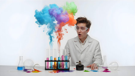 Unsuccessful chemical experiment in laboratory, young scientist wearing lab coat and safety goggles looking surprised and confused, colorful chemical smoke rising from test tubesの素材
