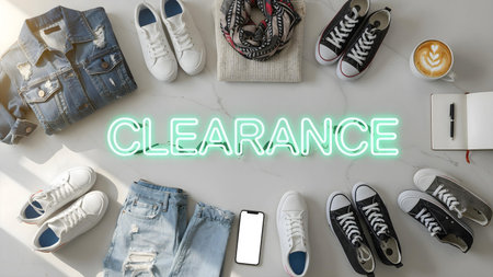 Neon Clearance Word Displayed with Casual Clothing and Coffee Cupの素材