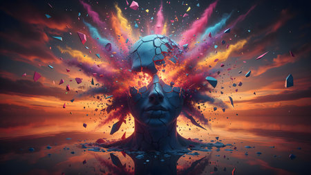 Surreal Digital Art of Exploding Human Head in Vibrant Colorsの素材