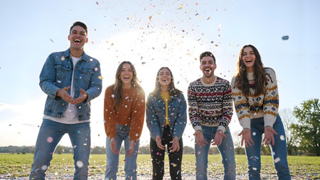 Happy Friends Throwing Confetti in Outdoor Celebrationの素材