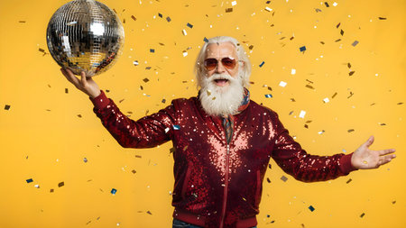 Joyful Senior Man Celebrating with Disco Party Vibesの素材