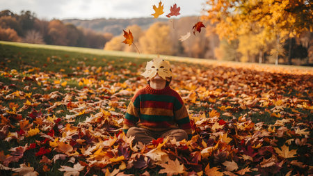 Creative Child Playing with Autumn Leaf Cat Maskの素材